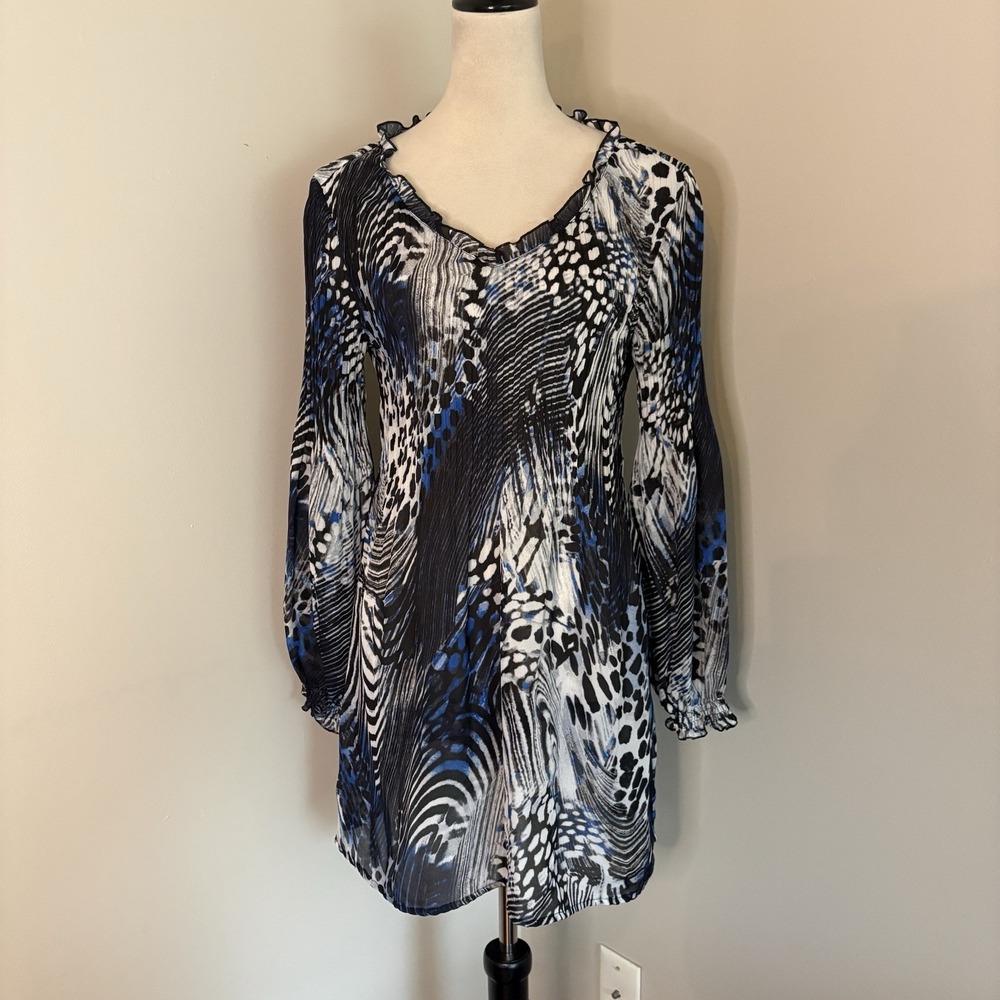 VTG Allison Taylor Chiffon Sheer Tunic Top Abstract Ruffle Pleats Medium Y2K M